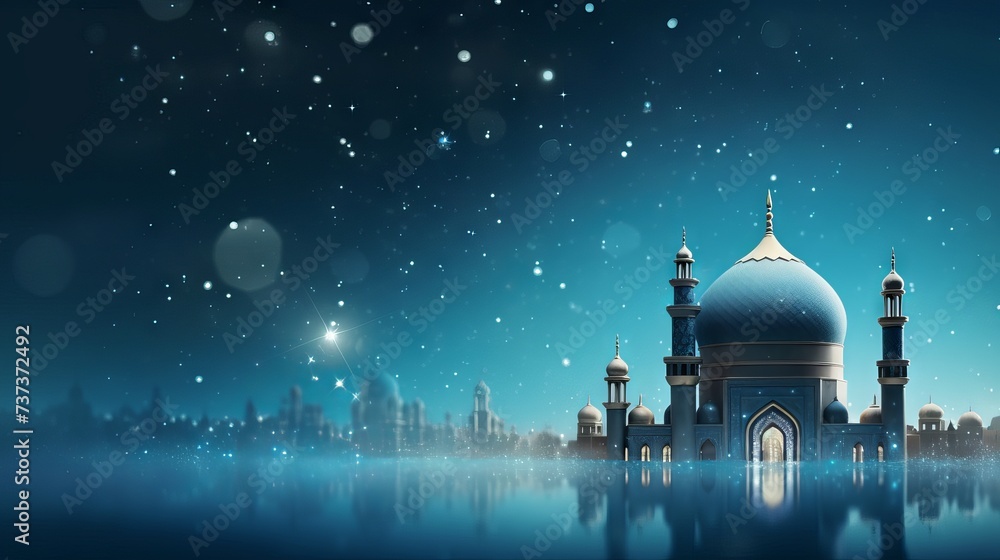 Radiant ramadan: blue bokeh mosque background with starry elegance


