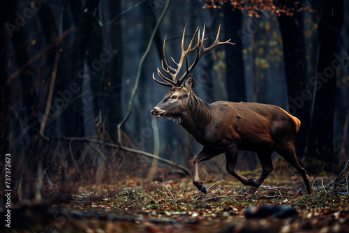 AI Generated Image of majestic stag trots through a dark forest, its large antlers silhouetted against the subdued light of the woodland photo