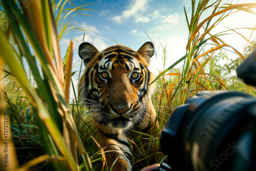 AI Generated Image of point of view of photographer with camera to the tiger in reeds photo