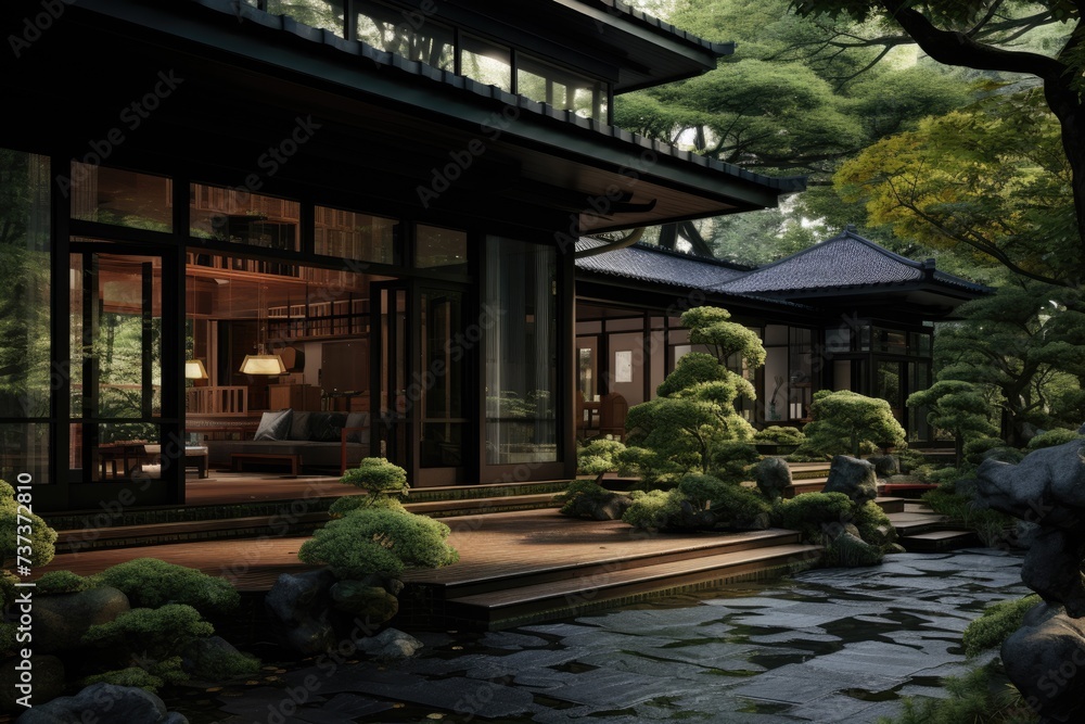 A photograph of a traditional Japanese style house with trees and rocks in the foreground.