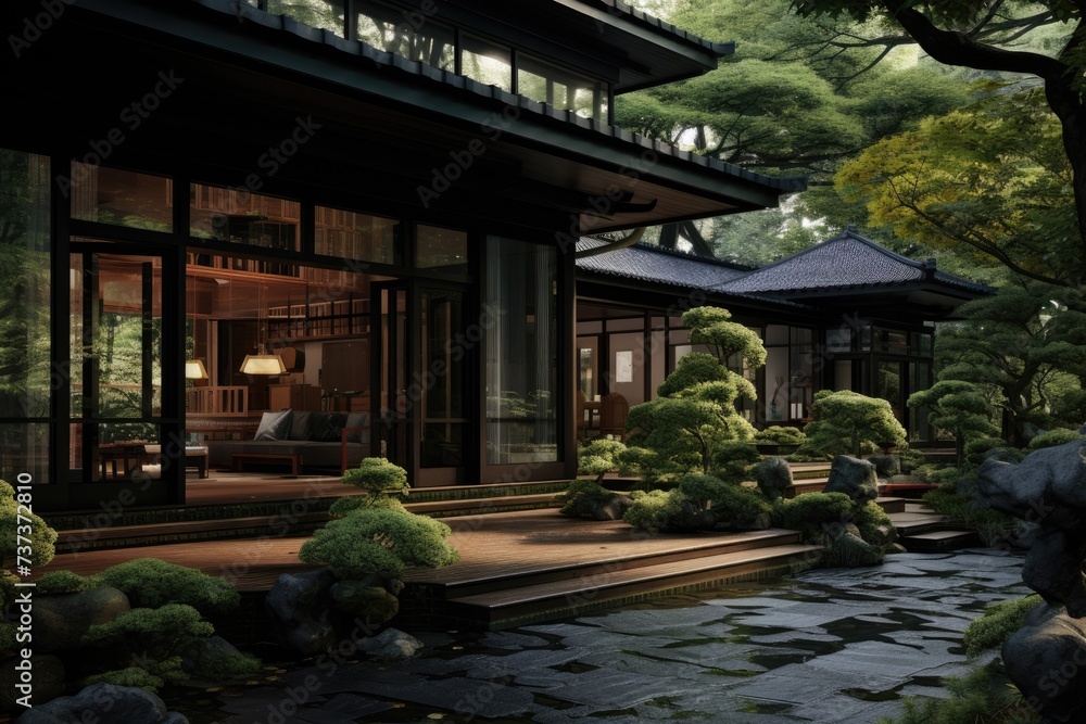 A photograph of a traditional Japanese style house with trees and rocks in the foreground. A photograph of a traditional Japanese style house with trees and rocks in the foreground.