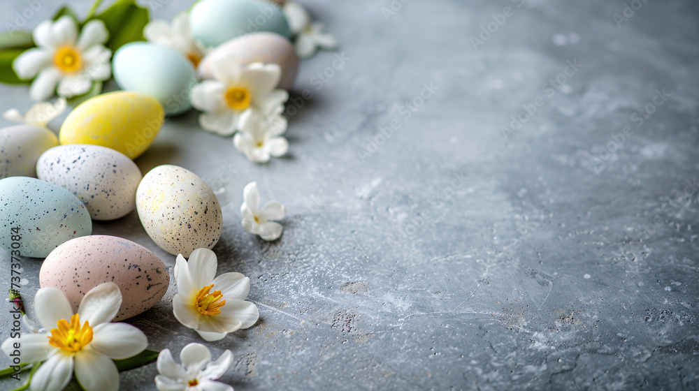 easter eggs and flowers on white background with copy space area easter eggs and flowers on white background with copy space area