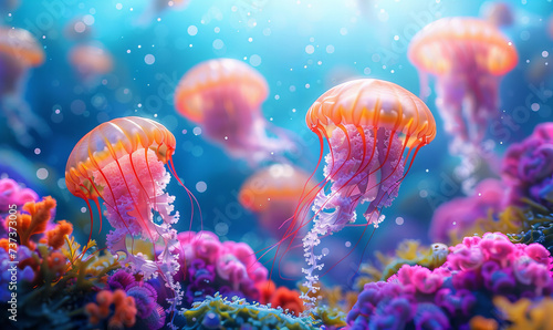 Jellyfish in the ocean with stunning coral reef in the background with vibrant colors. Wildlife concept banner with copy space. © Denis