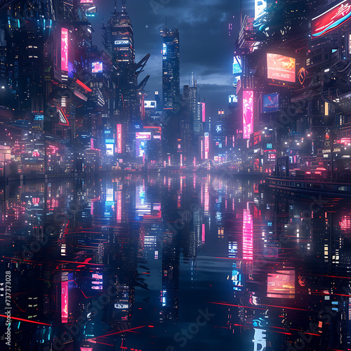 Futuristic cityscape aglow with neon towers, reflecting in a glassy virtual river.  © thisisforyou