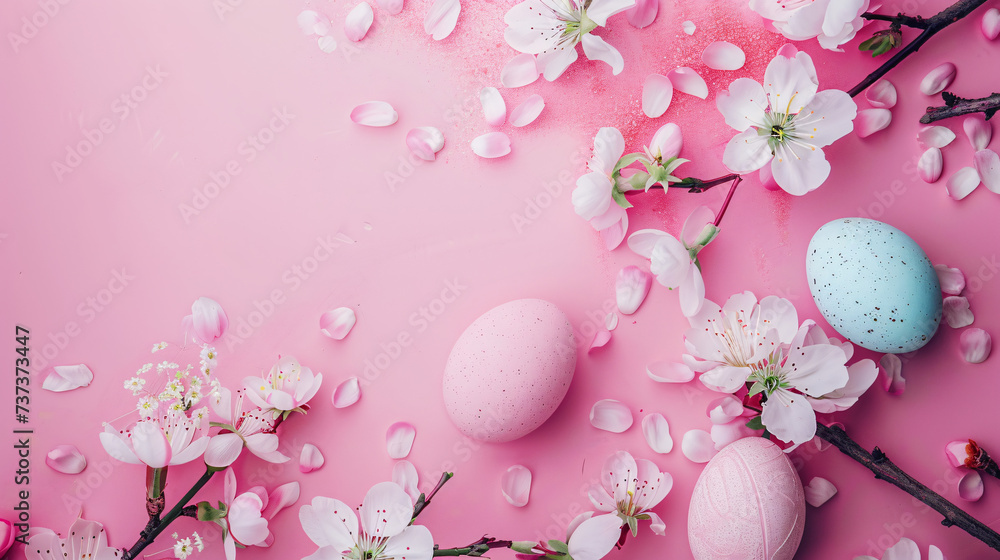 easter eggs and flowers on pink background with copy space area easter eggs and flowers on pink background with copy space area