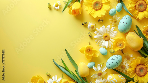 easter eggs and flowers on yellow background with copy space area