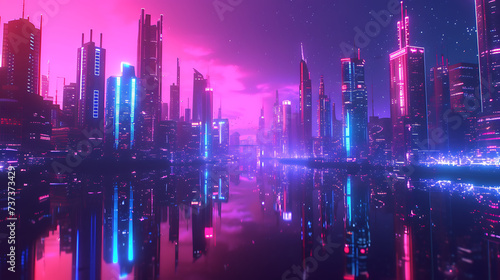 Futuristic cityscape aglow with neon towers  reflecting in a glassy virtual river. 