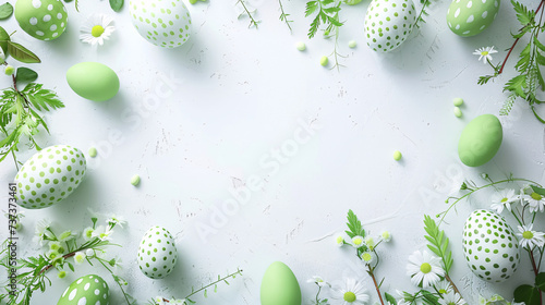 easter eggs and flowers on white background with copy space area