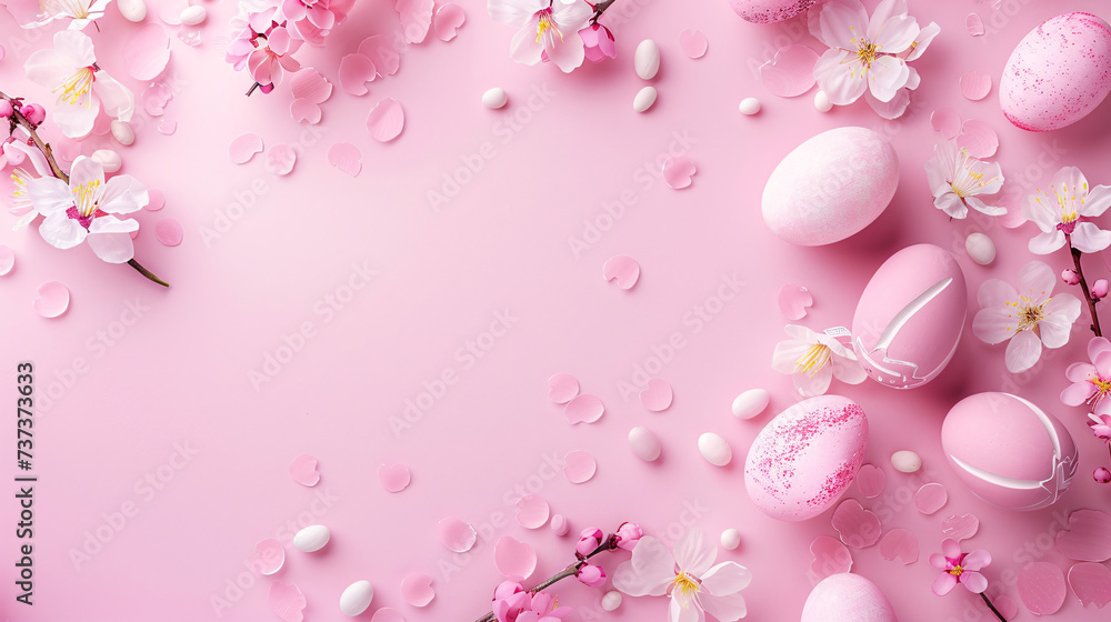 easter eggs and flowers on pink background with copy space area easter eggs and flowers on pink background with copy space area