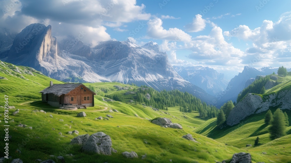 a small cabin middle of a green valley with a mountain range background and clouds sky.