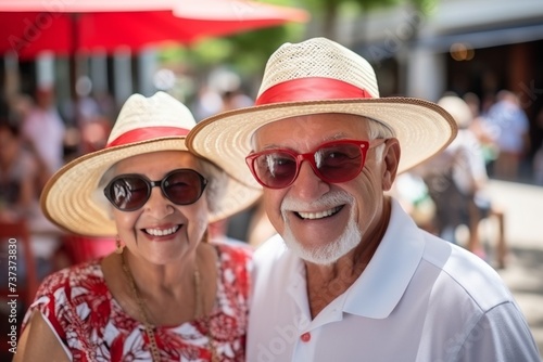 Happy elderly people in straw hats and sunglasses travel to warm countries with a smile © Aleksandr