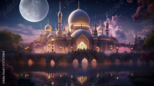 Mesmerizing mosque illuminated under the night sky, celebrating ramadan kareem in all its glory

 photo