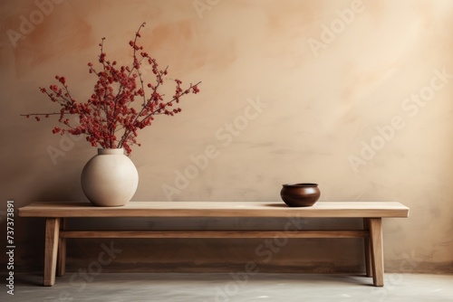 This photo depicts a table adorned with a vase and a bowl, showcasing the simplicity of these objects in a straightforward arrangement.