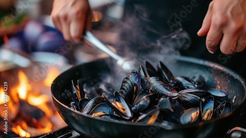 a person cooking mussels in a wok on a grill with a fire in the backgroud.