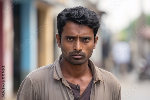 Indian man sad serious face portrait on street 