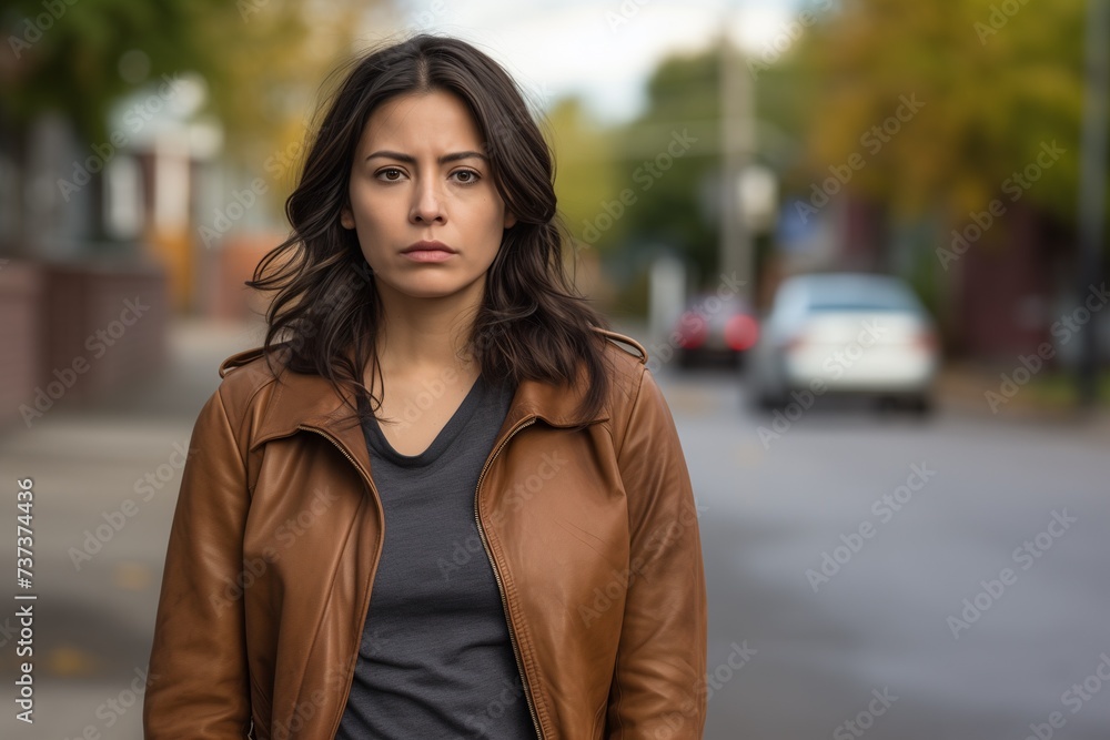 Hispanic woman sad serious face portrait on street