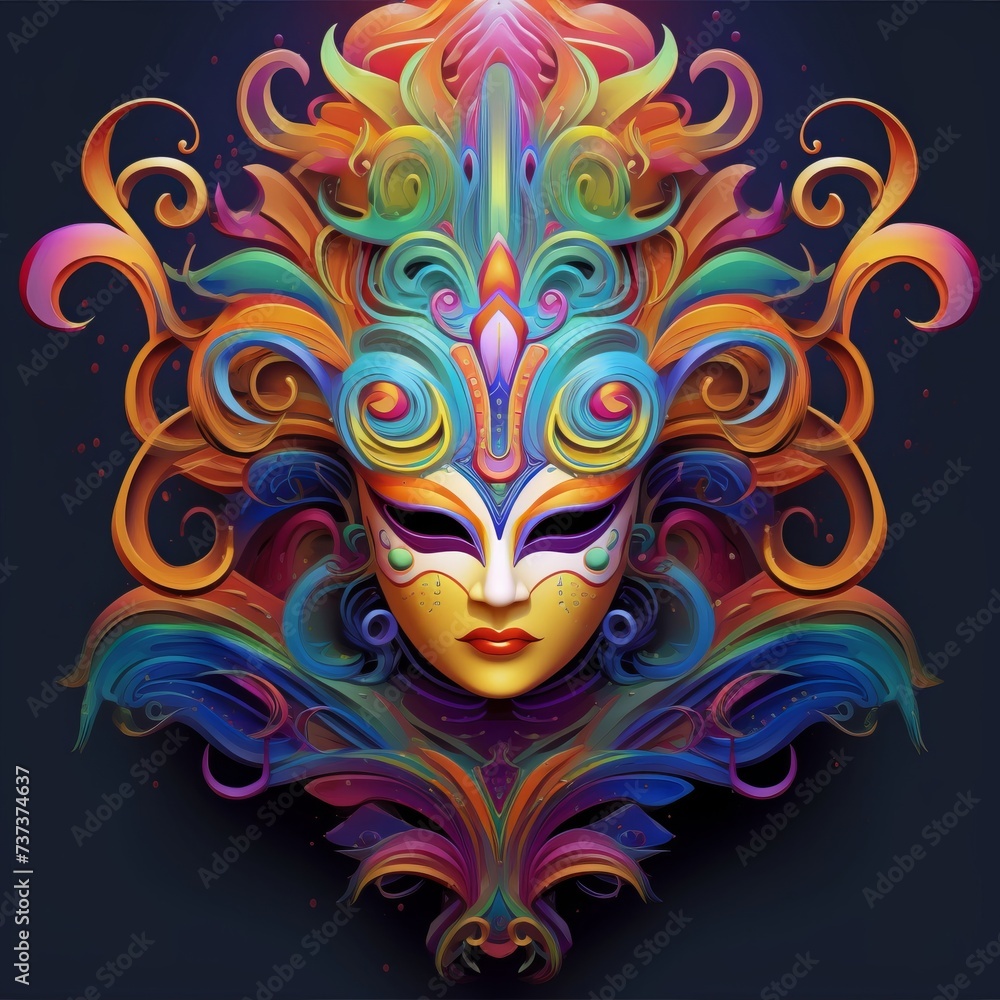 A colorful mask with a womans face painted on it, against a purple background , generated by AI
