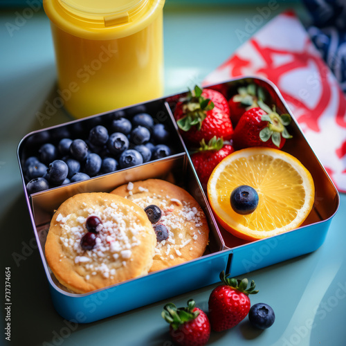 kids lunch in a small box with pancakes, oranges, berries and juice for primary school