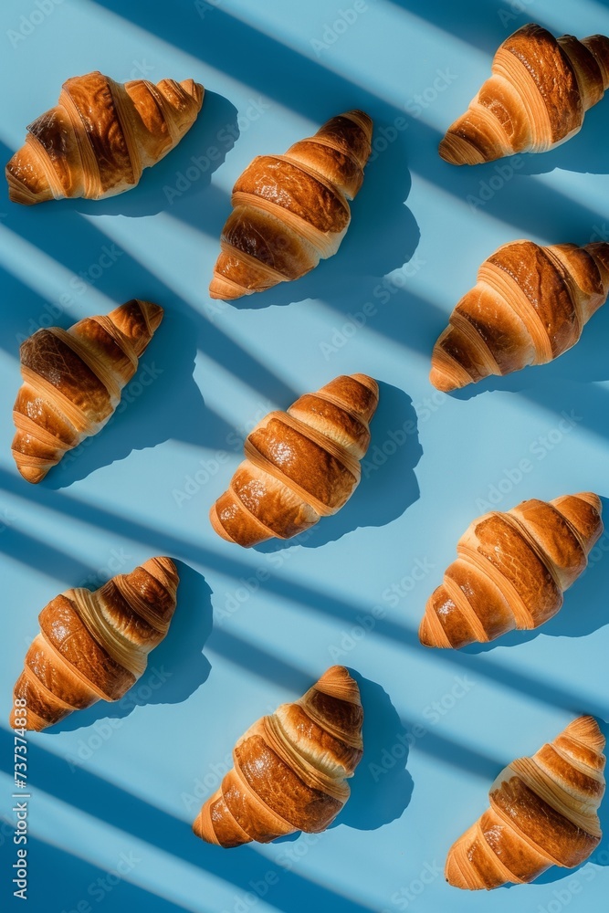 Pattern of croissants with shadows on a blue background. Food concept. Pattern of croissants with shadows on a blue background. Food concept.