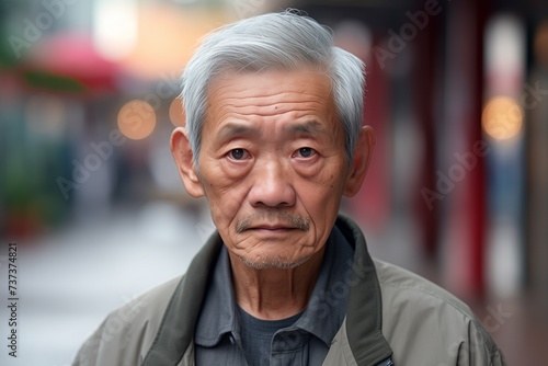 Elderly Asian man sad serious face on street