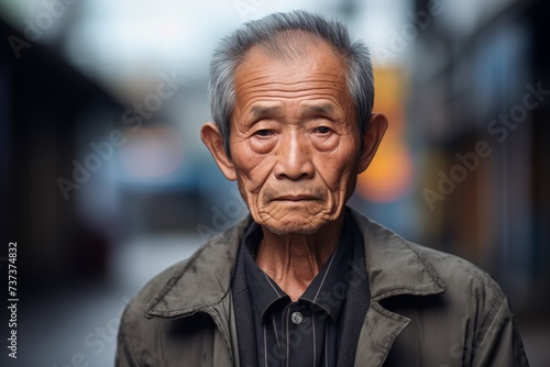 Elderly Asian man sad serious face on street