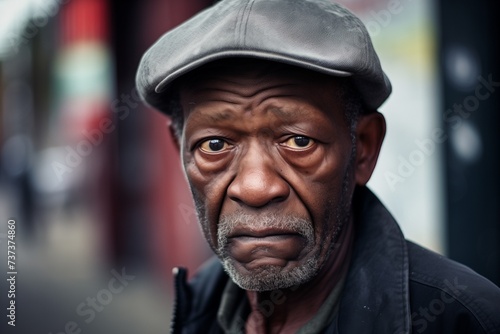Mature black man sad serious face on street