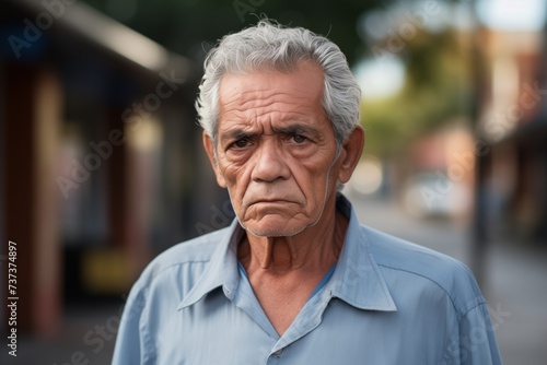 Mature Hispanic man sad serious face on street