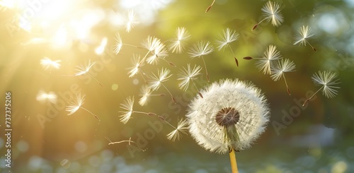 Dandelion with seeds being carried away by the wind. The concept of nature and lightness.