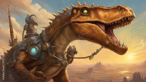 tyrannosaurus rex dinosaur    A close-up view of a steampunk  dinosaur  with iron scales  brass  