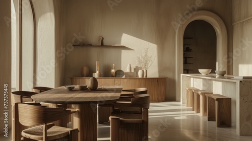 a dining room with a wooden table surrounded by chairs and a shelf filled with vases and bowls on top of it.