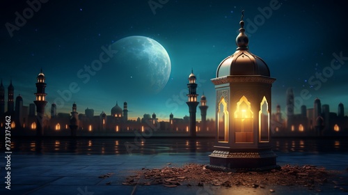 Serene ramadan kareem greeting with glowing lanterns against mosque backdrop  