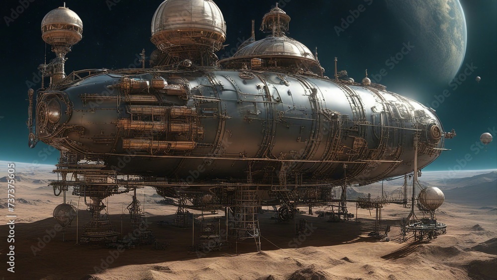 Fototapeta premium _A steampunk spacewalk in outer space planet 