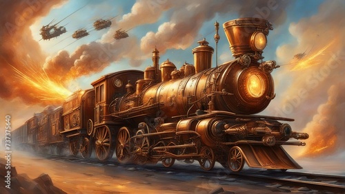 old steam locomotive a steampunk,      A dynamic scene of a steampunk train, with wires, propellers, and guns,  