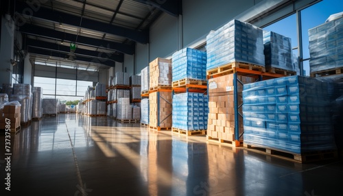 Neat logistics warehouse interior with shelves and pallets for storage and distribution operations