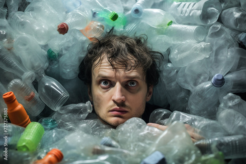 Man surrounded by a sea of plastic bottles Generative AI image