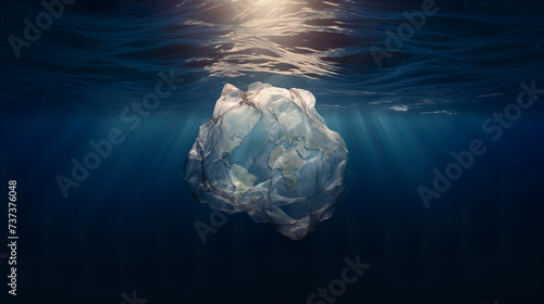 Plastic Bag Drifting in Ocean Depths simulating a continent Generative AI image photo