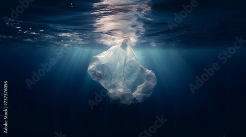 Plastic bag floating elegantly under serene ocean waters simulating a continent Generative AI image photo