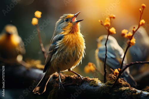 Generative AI illustration of close up of a golden bird singing passionately on a branch, with soft spring light filtering through orange buds, while another bird listens intently photo