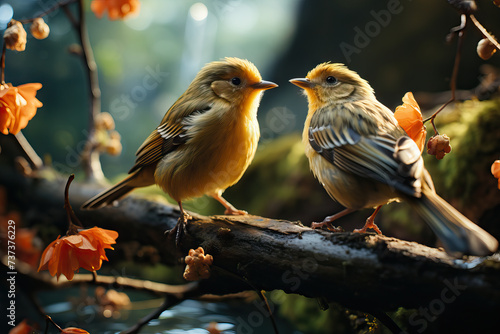 Generative AI illustration of two vibrant yellow birds perched on a branch amidst orange blossoms, engaging in a melodious duet in a serene spring setting photo