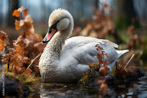 Generative AI illustration of elegant swan rests tranquilly on the water surrounded by autumn leaves, its plumage a soft contrast to the earthy tones of the forest photo