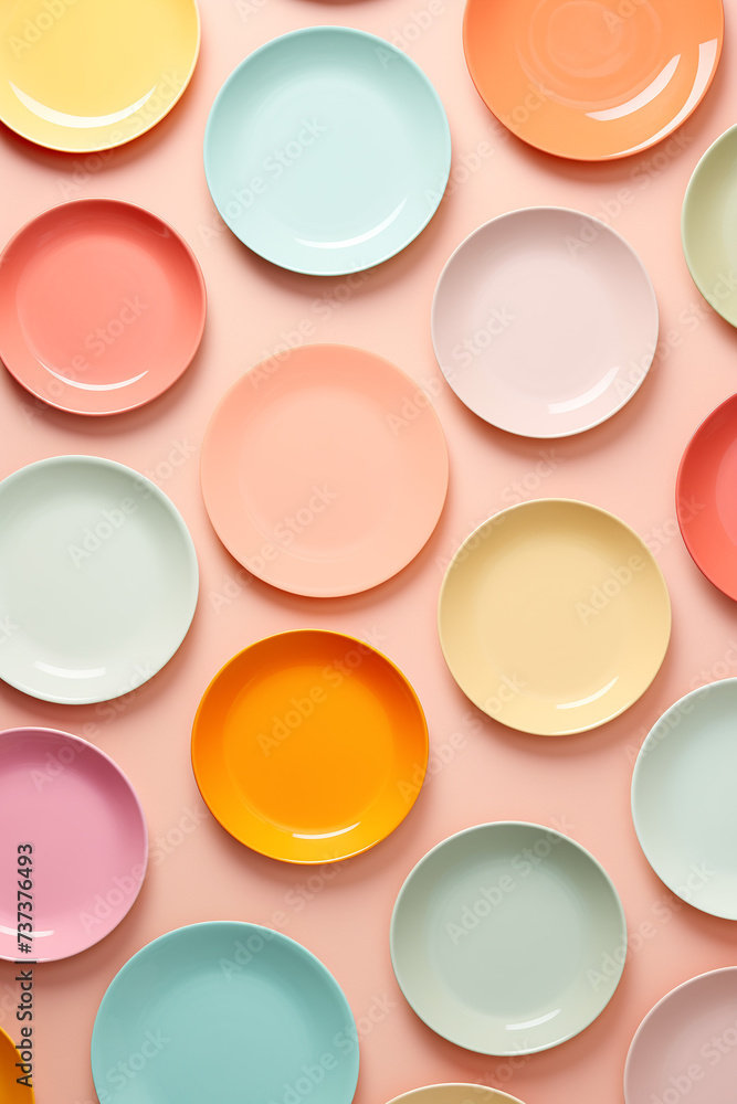 Plates of various pastel colors on a pastel orange background. Party and celebration background concept. Plates of various pastel colors on a pastel orange background. Party and celebration background concept.
