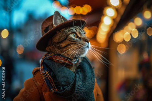 Stylish Cat Dressed in Hat and Scarf Against City Lights