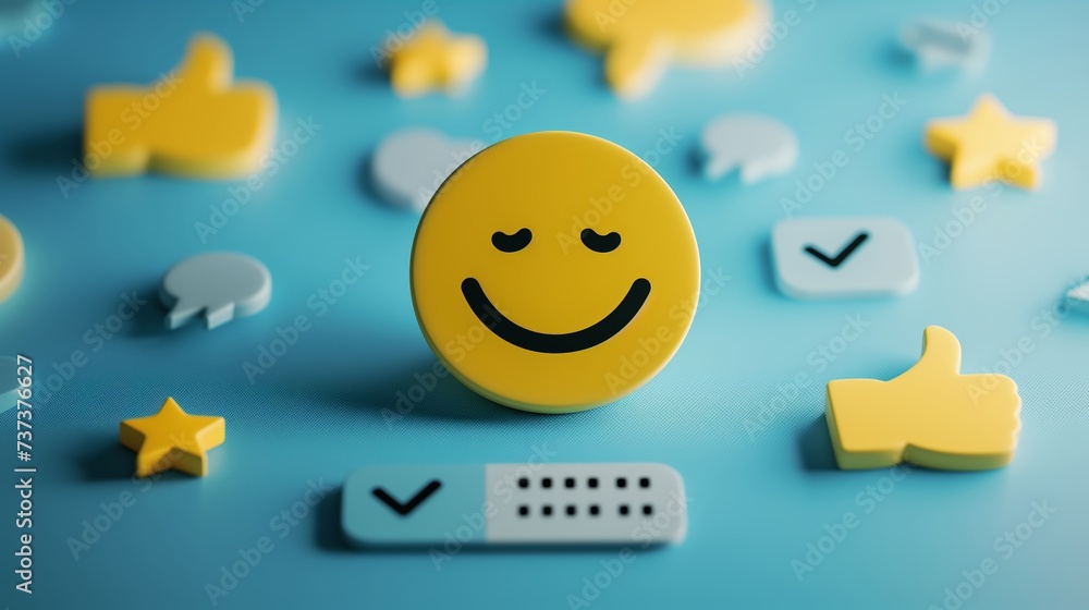 Smiley face surrounded by positive symbols, thumbs-up gestures, stars, and happy emoticons Feedback rating and customer satisfaction, positive experiences and reviews. - obrazy, fototapety, plakaty 