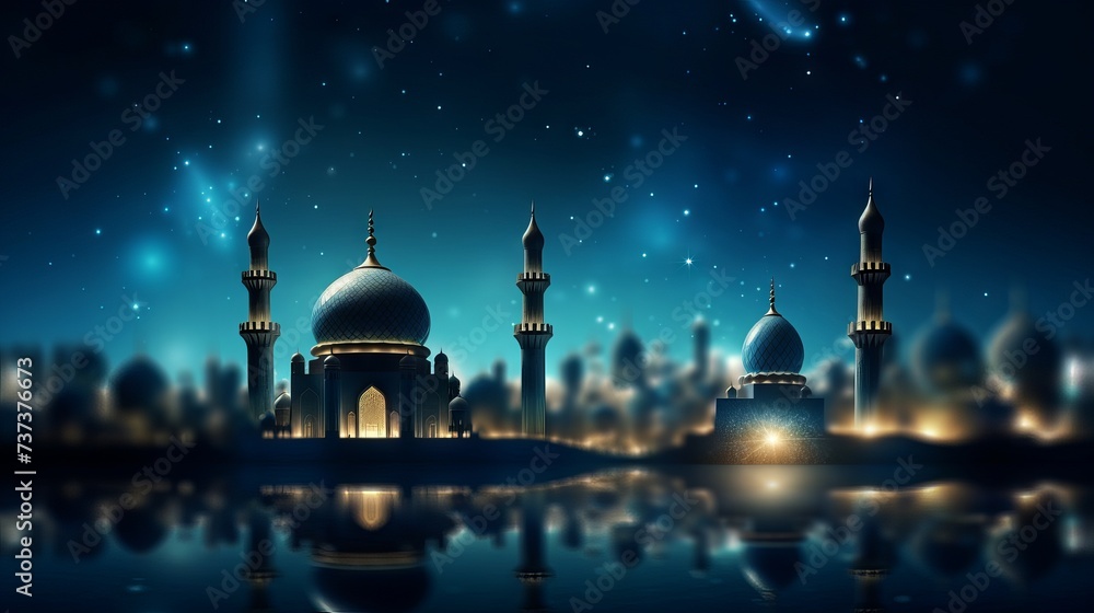Mesmerizing ramadan scene: blue-toned luxury background with mosque, star, and bokeh

