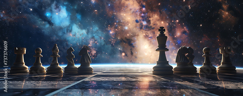 Galactic chessboard where celestial pieces move across the stars in a cosmic game