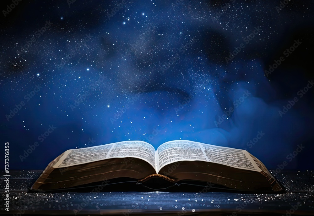 closeup of a bible open and stars and sparkles floating above, galaxies swirl above, deep blues, leave room for text closeup of a bible open and stars and sparkles floating above, galaxies swirl above, deep blues, leave room for text