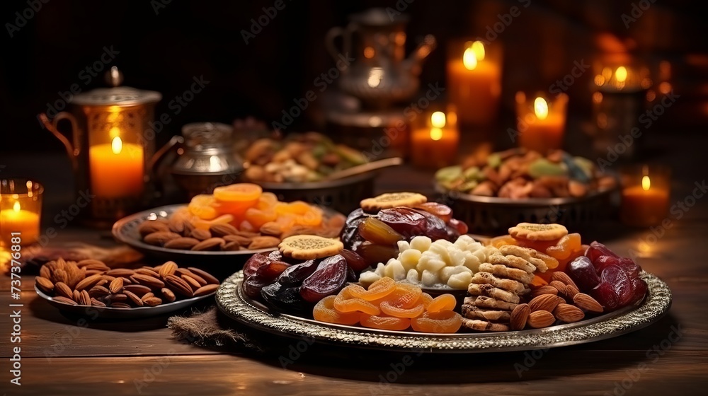 Iftar muslim food and ramadan kareem celebration: trays with nuts, dried fruits, lanterns, and candles - holiday concept in culture and religion category

