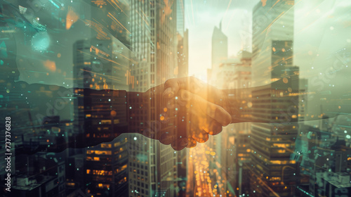 double exposure image that combines a business handshake with a bustling cityscape background