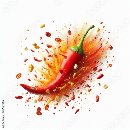 Falling bursting chili peppers, isolated on white background.  © Mithun