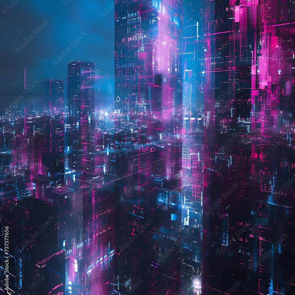 Glitchy cybernetic cityscape, where buildings morph and shift in a mesmerizing display of digital anomalies